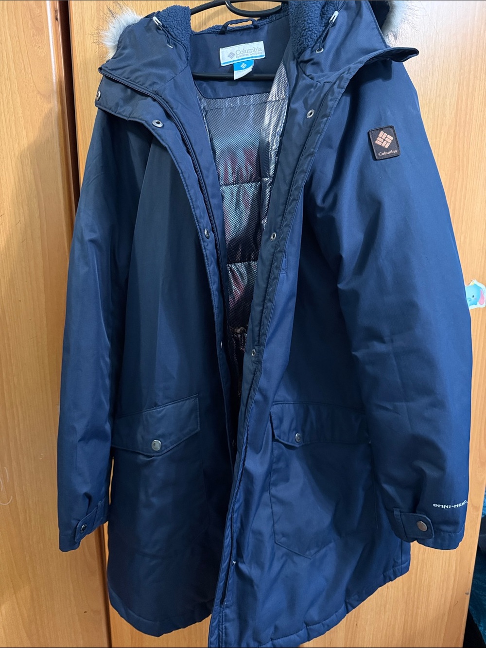 Columbia Navy Hooded Puffer Parka with Faux Fur Trim